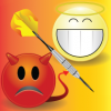 A sad demon and a smiling angel emoticons with a throwing dart between them.