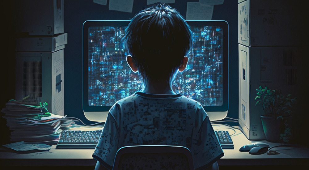 A boy in front of a computer in a dark room.