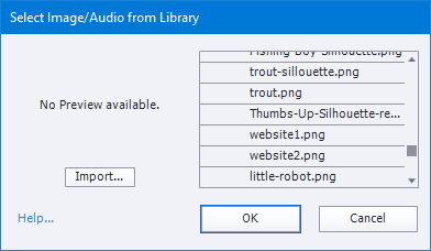 Dialog box that allows you to select background image from the Captivate file's library. The list on the right lists all the image files in the Library. There is also an Import button on the left. 