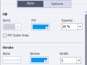 The Style properties of Highlight Box showing Solid, Fill, Opacity, Style, Stroke, and Width. The Solid and Style menus are grayed-out. There is also a checkbox with a caption: Fill Outer Area.