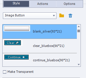 The style tab of Captivate for image buttons, showing various options for shadow and reflection. It also has scrollable list of images that you can use as buttons. On the right of the dropdown menu is a folder icon ans a trashbin icon.