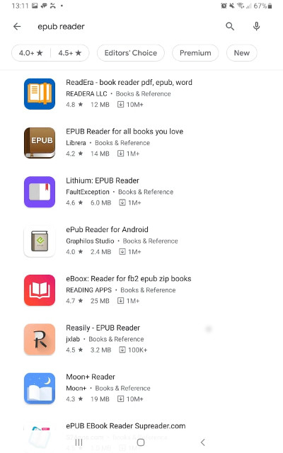 The interface of Google Play on a tablet, showing the different applications that matched the search query: epub reader