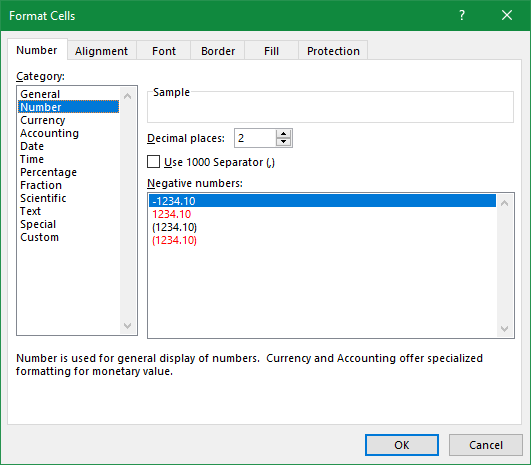 The Format Cells window of Excel showing the different options through which you can manipulate the format of data in the cells