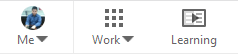 The upper-right corner of a LinkedIn webpage for a logged-in preimum user showing the profile picture used as Me icon, the Work icon (a 3 x 3 matrix of nine squares), and the Learning icon (a rectangle with dim horizontal gray lines and a small right-pointing triangle).