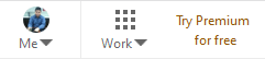 The upper-right corner of a LinkedIn webpage for a logged-in regular user showing the profile picture used as Me icon, the Work icon (a 3 x 3 matrix of nine squares), and the Try Premium for free link.