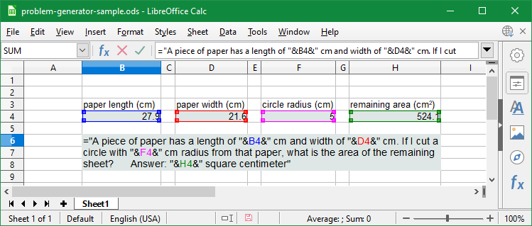 This screen capture is the same as Problem Generator Step 9b, but the following text are encoded but with quotes and ampersands: A piece of paper has length of B4 cm and width of D4 cm. If I cut a circle with F4 cm radius from that paper, what is the area of the remaining sheet? Answer: H4 square centimeter