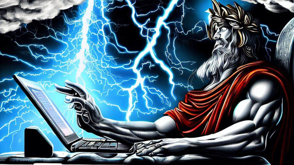 Zeus using a laptop while surrounded by clouds and lightning.