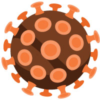 A brown spherical coronavirus with several orange funnel-like structures evenly distributed on its surface,