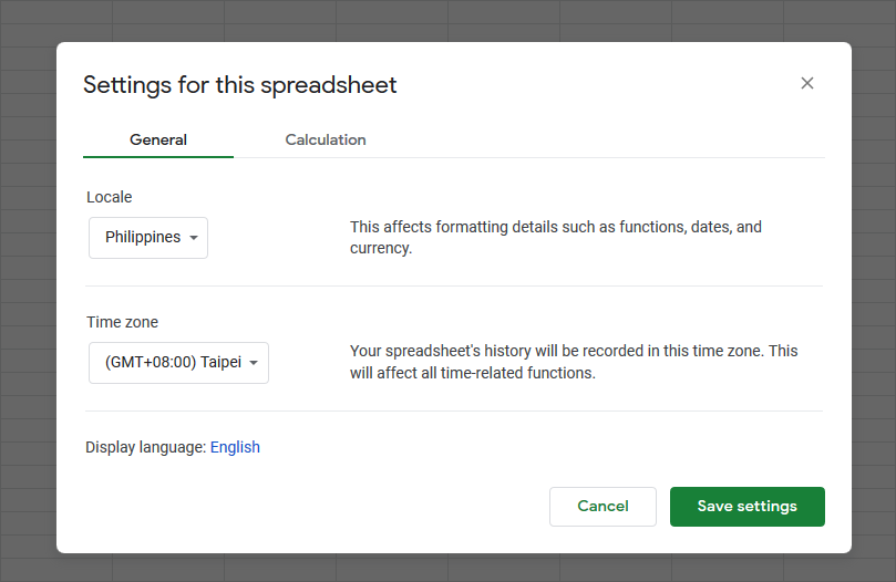 Screen capture of Settings for this spreadsheet dialog box in Sheets.