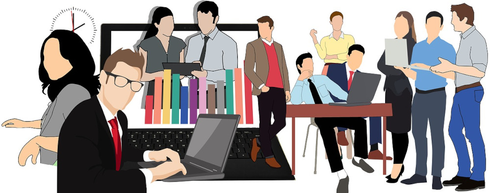 Illustration of various faceless characters in corporate setting. 